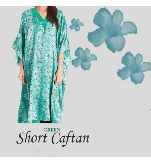 Green Polyester Satin Printed Caftan For Women